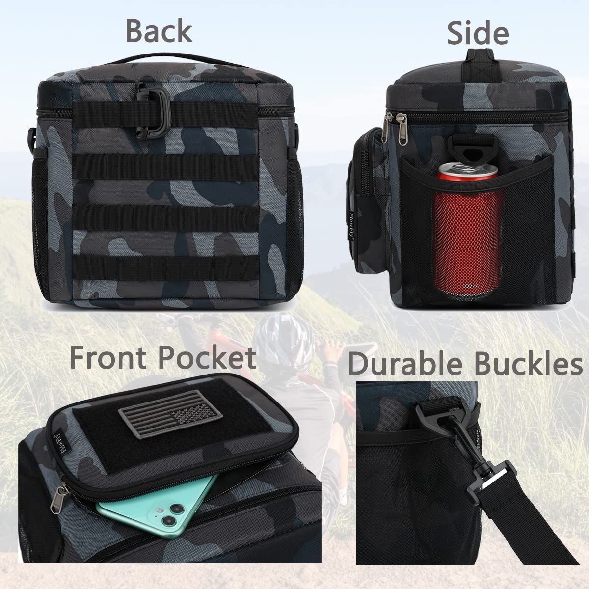 FlowFly lunch bag adjustable padded shoulder strap for comfortable carry.