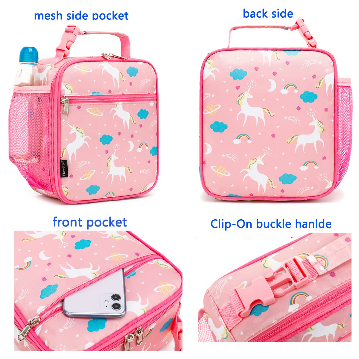 FlowFly lunch bag front pocket detail for snacks or notes