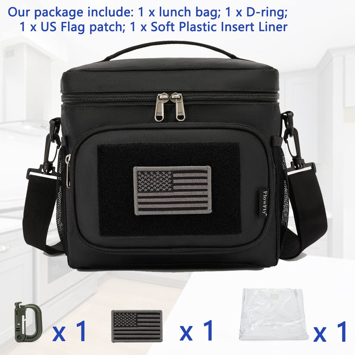 FlowFly tactical lunch bag shows large capacity and multiple pockets for essentials
