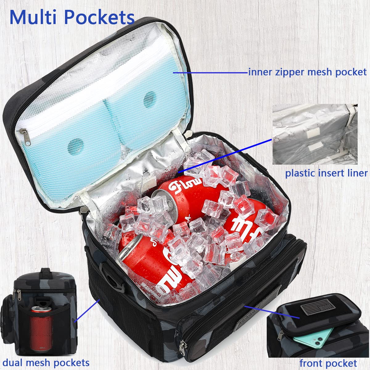 FlowFly lunch bag side pockets storing utensils and napkins.