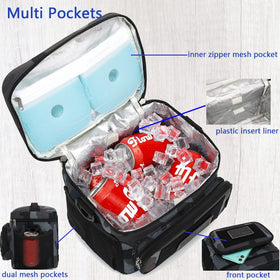 FlowFly lunch bag side pockets storing utensils and napkins.