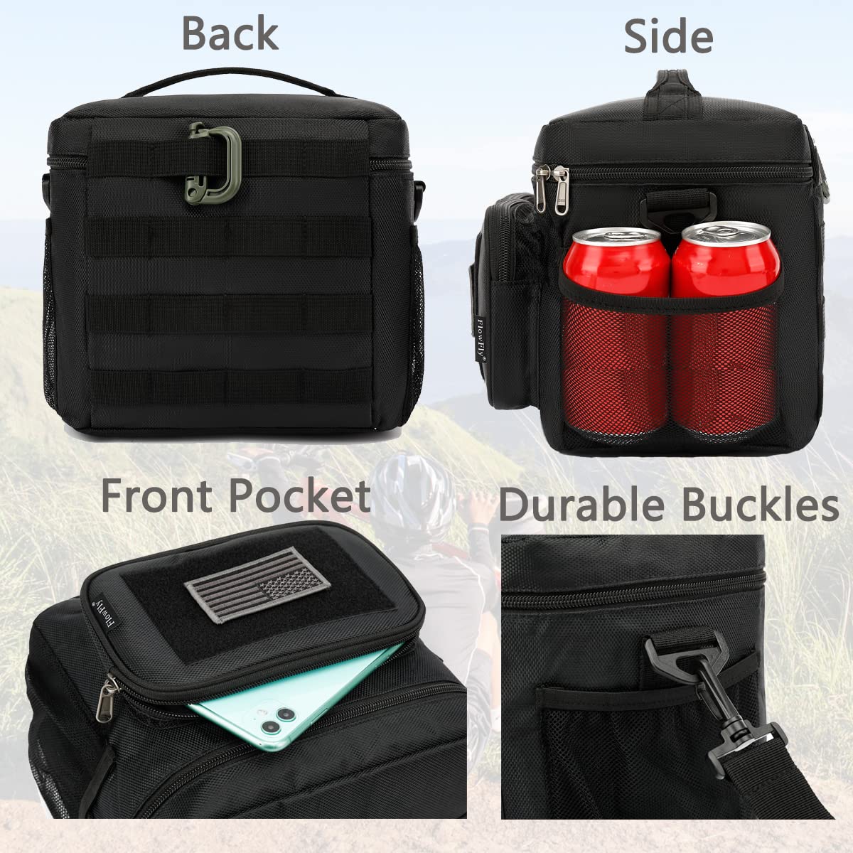 FlowFly military-style design adds rugged vibe and practical MOLLE compatibility