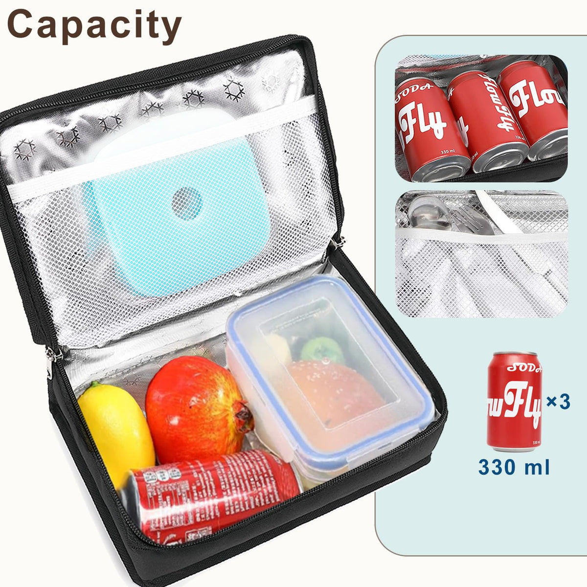 FlowFly lunch bag capacity example with meal box and fruits for versatile packing.
