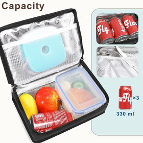 FlowFly lunch bag capacity example with meal box and fruits for versatile packing.
