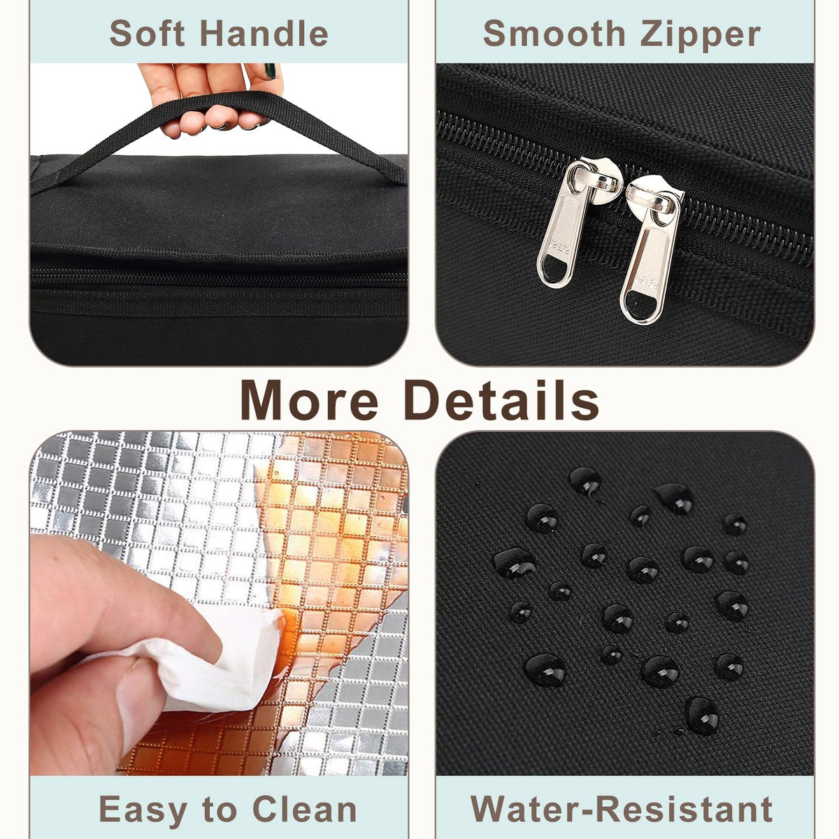 FlowFly 600D material close-up highlighting sturdy construction and easy cleaning.