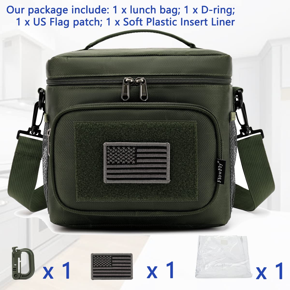 FlowFly tactical lunch bag front pocket highlights organized storage for utensils