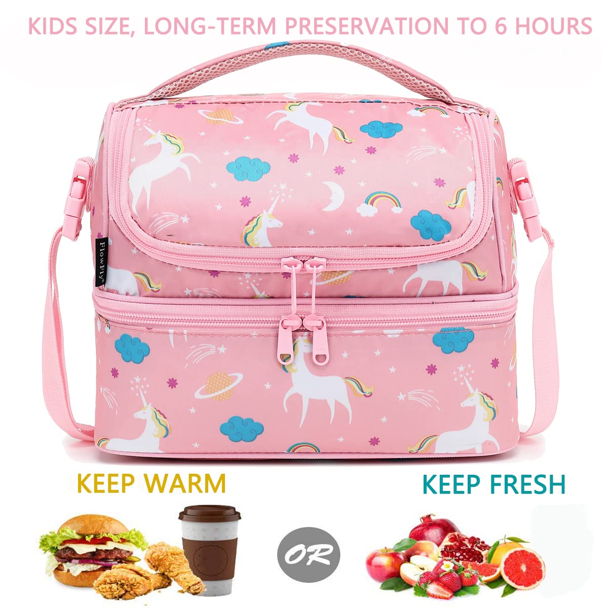 FlowFly Unicorn Double Decker side compartment highlights easy organization for snacks.