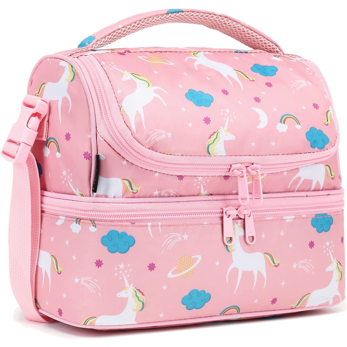 FlowFly Unicorn Double Decker bag top view shows spacious compartments for kids' meals.