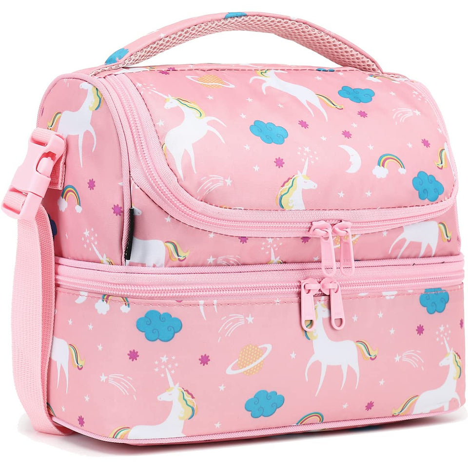 FlowFly Unicorn Double Decker bag top view shows spacious compartments for kids' meals.