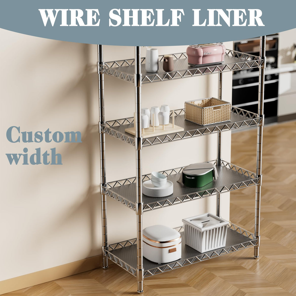 FLPMIX wire shelf liner measurement guide shows easy cutting to fit shelves.
