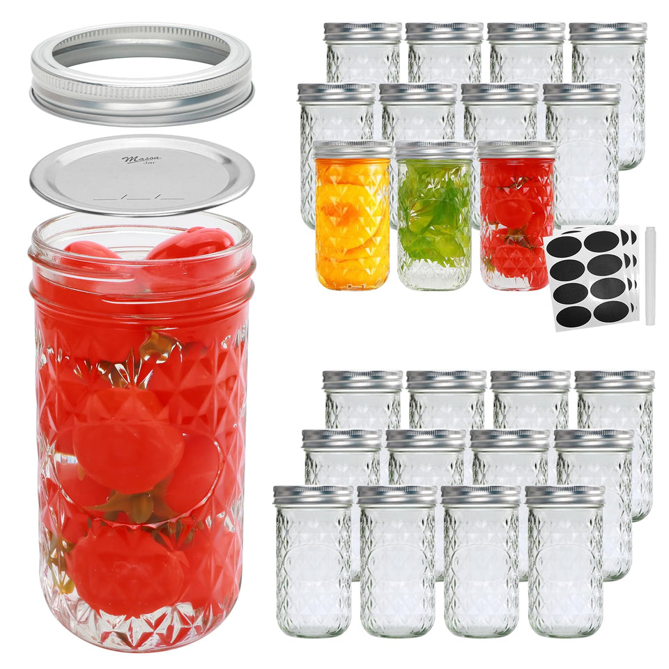 Flrolove 12oz mason jar with lids, crisp glass perfect for canning and gifting.
