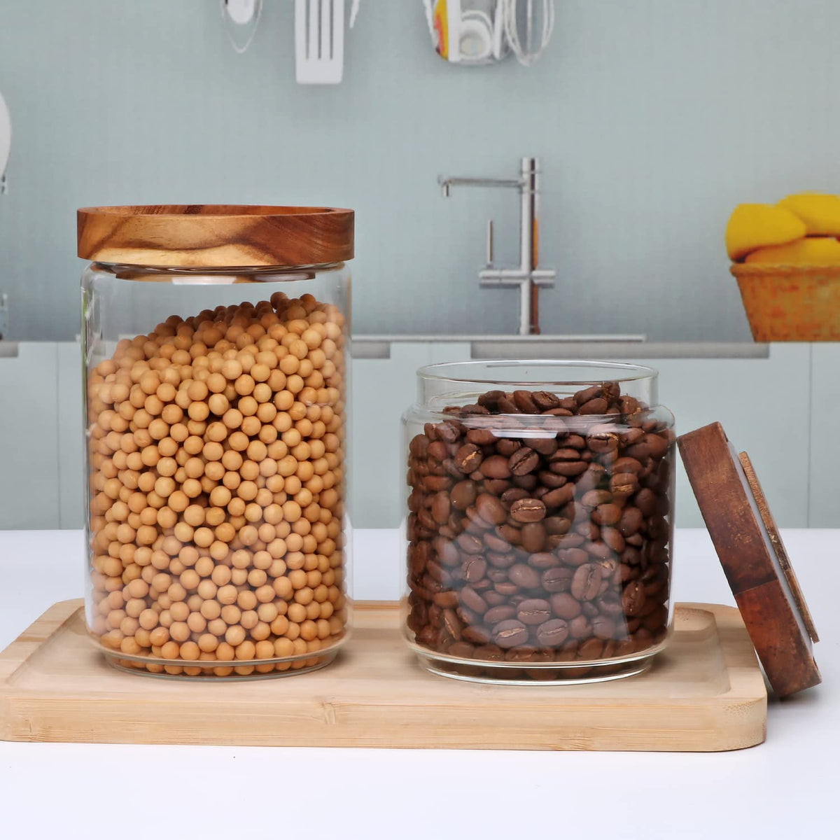 Flrolove jars for coffee, tea, and dry storage on the counter