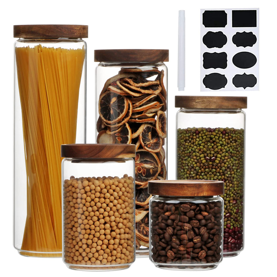 Flrolove glass canisters with wooden lids for airtight pantry storage