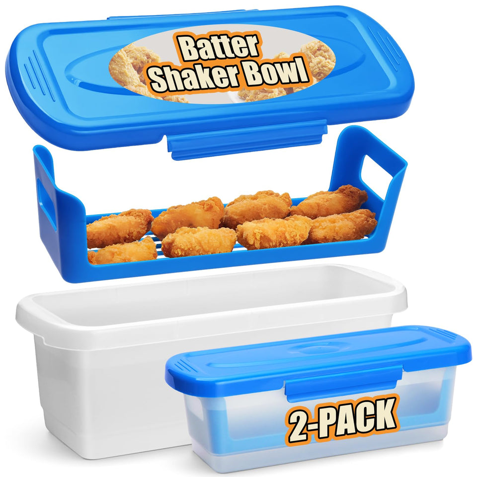 Flybok batter bowl with lid 2-pack, front view, easy storage and mess-free coating