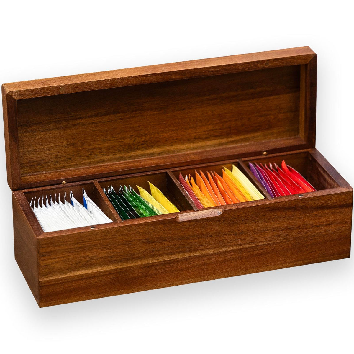 FLYIEE Acacia Tea Bag Organizer with four compartments keeps teabags neatly organized on the counter.