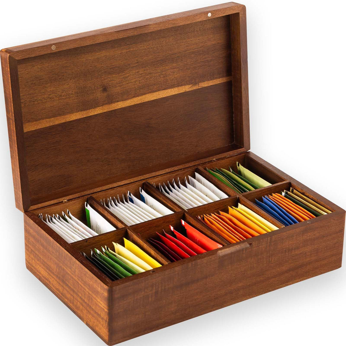 FLYIEE Acacia tea bag organizer with eight compartments for tidy storage