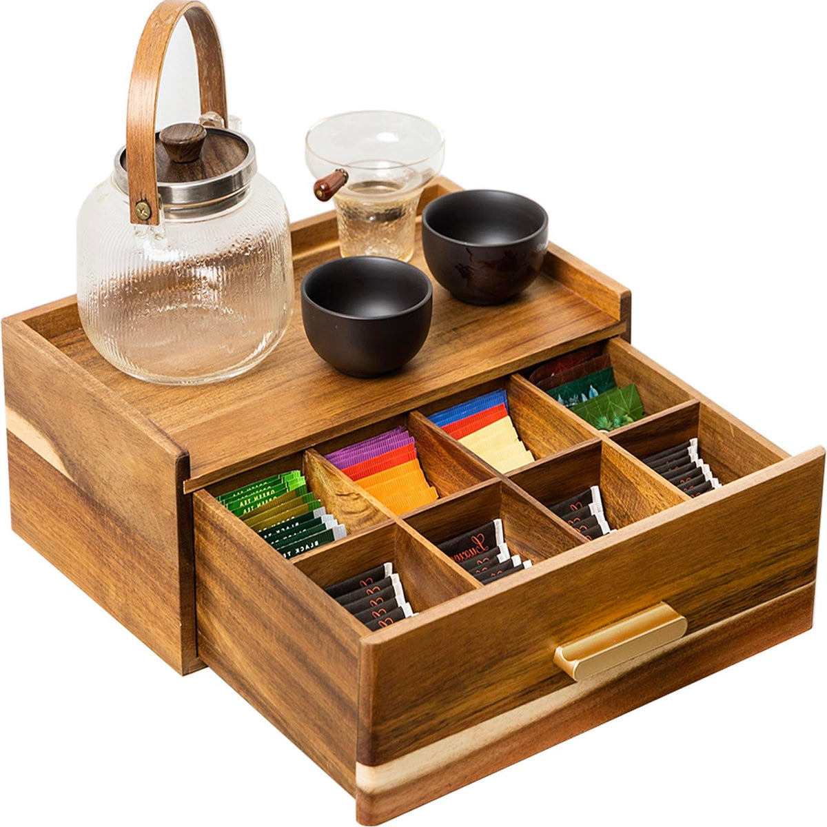 FLYIEE Acacia Tea Bag Organizer drawer showcases premium craftsmanship for organized storage.