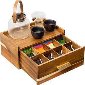 FLYIEE Acacia Tea Bag Organizer drawer showcases premium craftsmanship for organized storage.