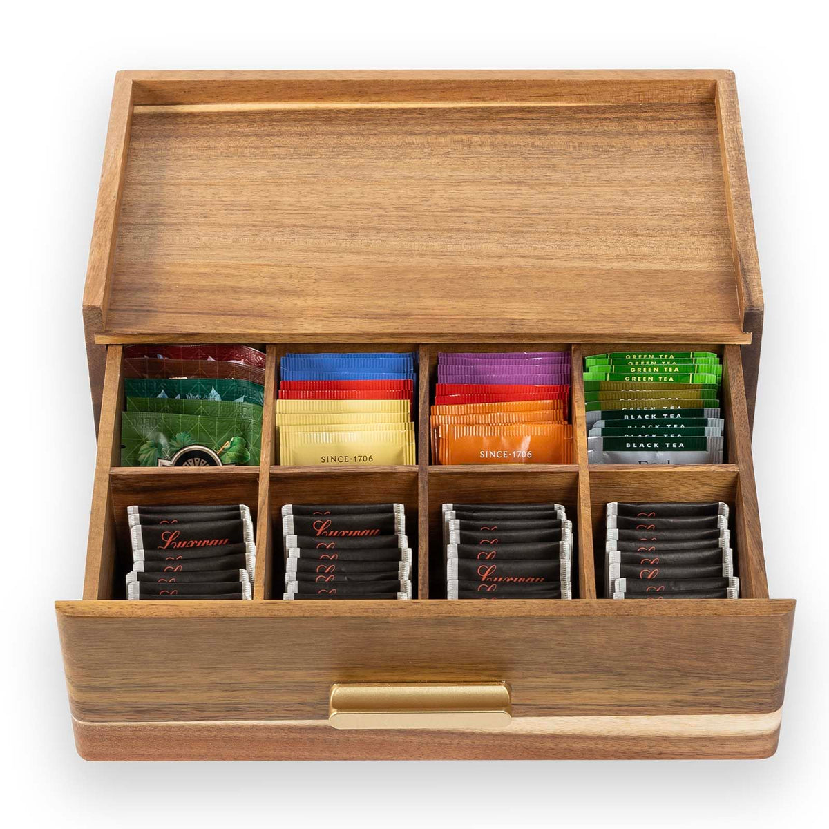FLYIEE Acacia Teabag Storage Chest merges function with upscale wood aesthetics.