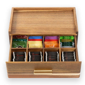FLYIEE Acacia Teabag Storage Chest merges function with upscale wood aesthetics.