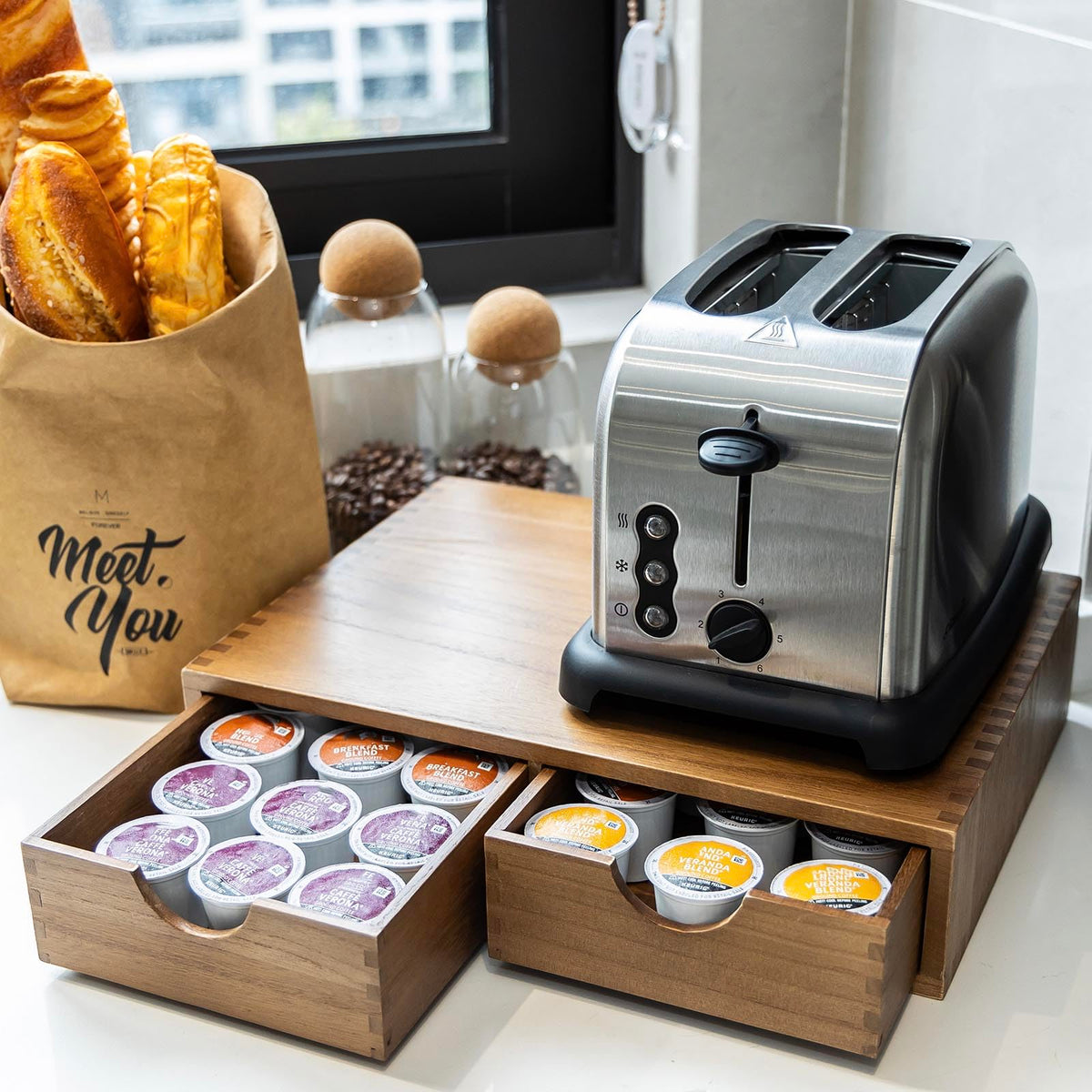 FLYIEE wood coffee maker stand elevates the brewer while saving counter space.