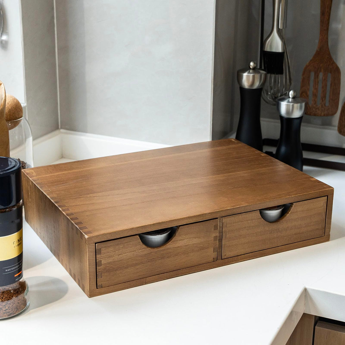 FLYIEE multifunctional shelf for coffee bar setups doubles as a decor piece.