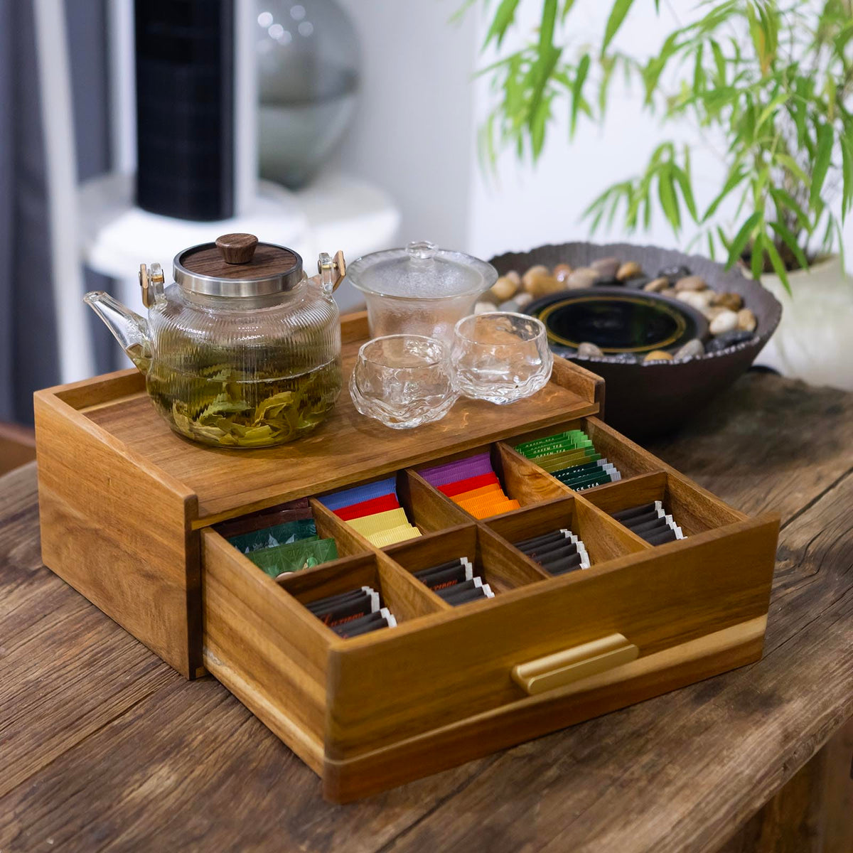 FLYIEE Tea Bag Organizer wood grain detail enhances kitchen decor.
