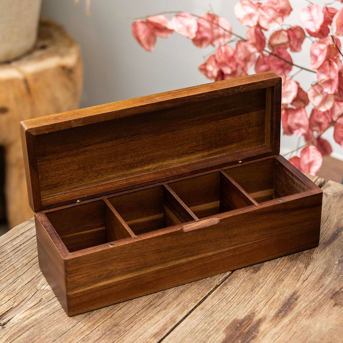 FLYIEE Tea Packet Storage Box in warm Acacia wood adds tasteful décor.