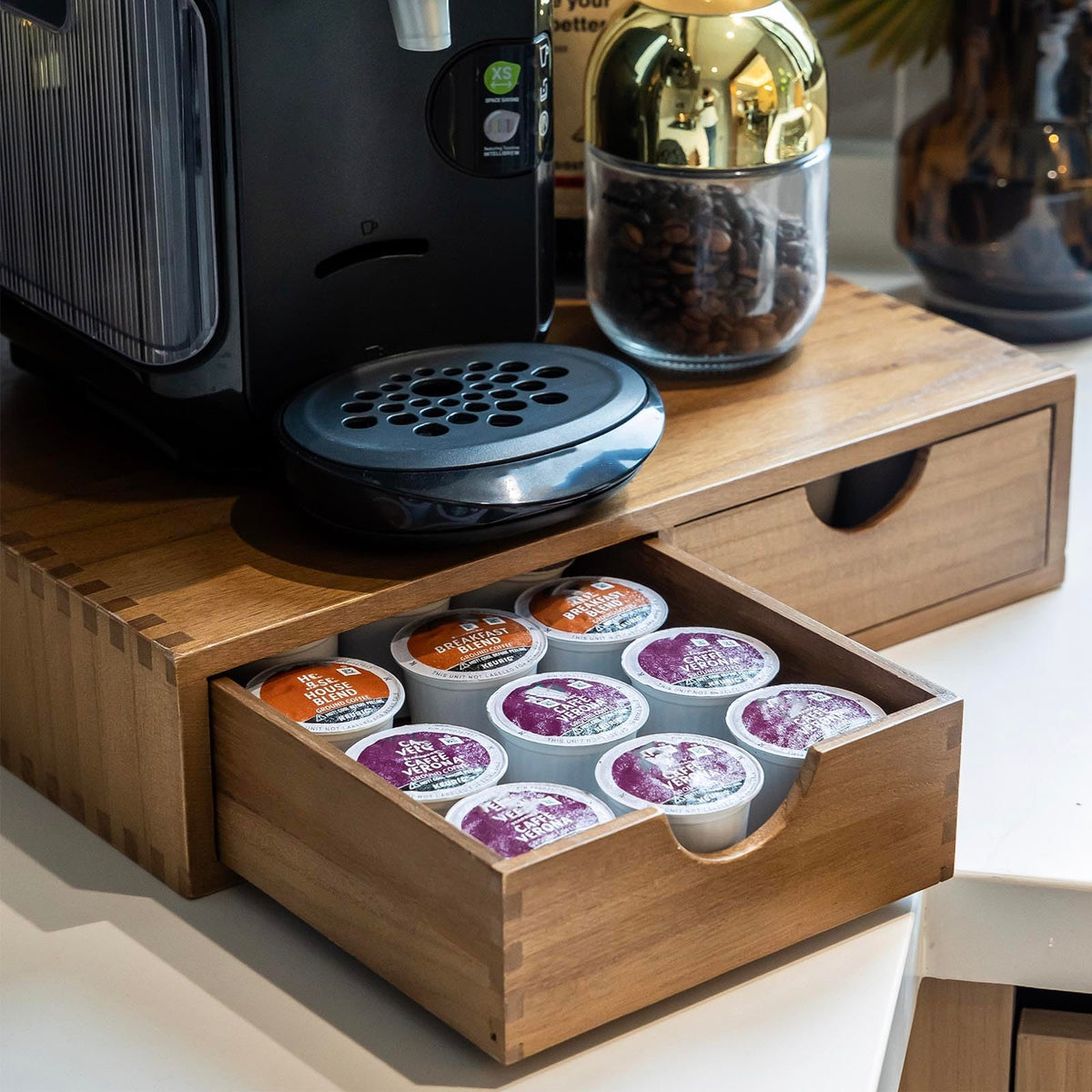 FLYIEE wooden K-Cup organizer drawer shows natural wood grain for a tidy coffee area.