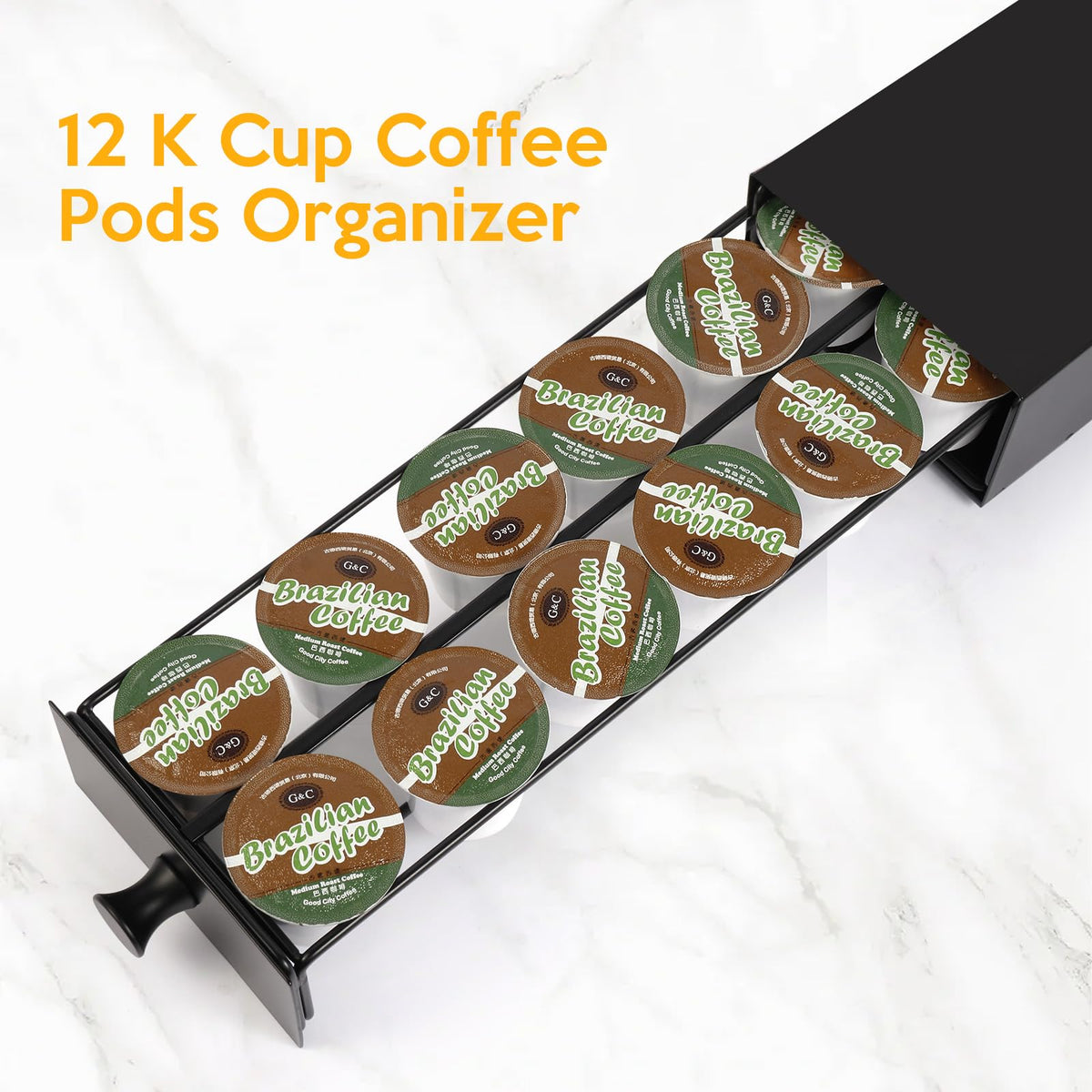 Flyisland K-Cup drawer on kitchen counter offers convenient daily pod access.
