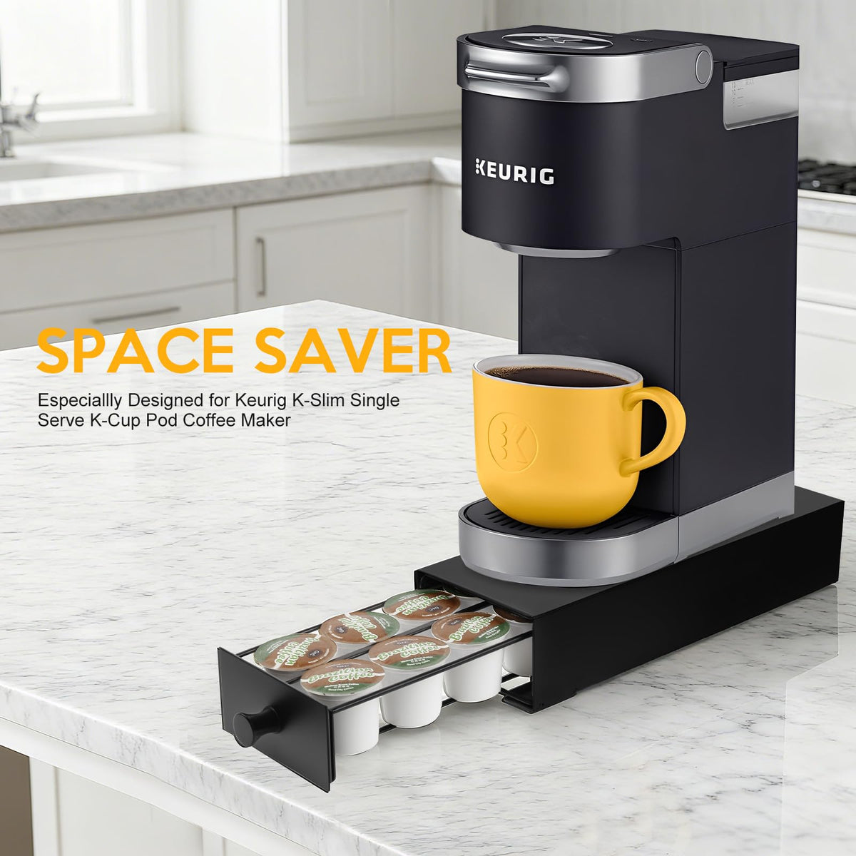 Flyisland K-Cup drawer shows smooth-sliding mechanism for quick pod retrieval.