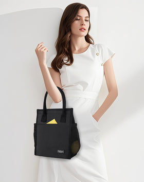 Fmeida lunch bag hook and loop closure keeps contents secure in black.
