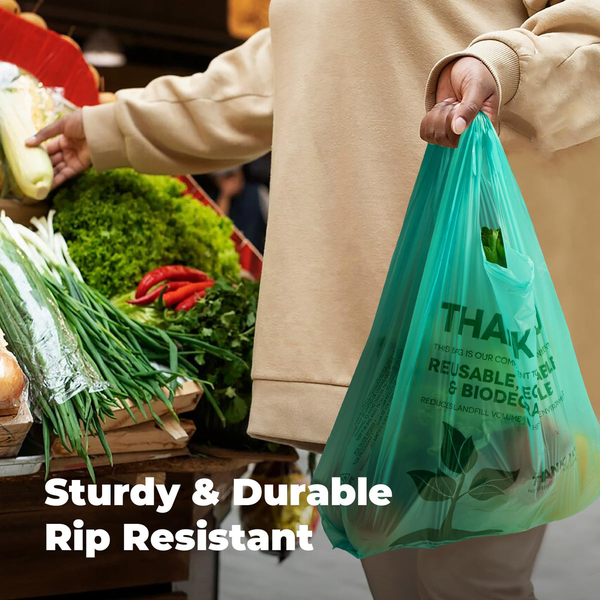 FMP Brands foldable bags stored easily, always on hand for shopping trips