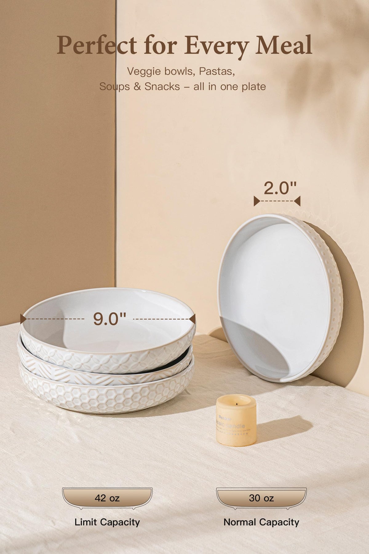 FOBENTA 42oz pasta bowls stacked to display generous serving capacity