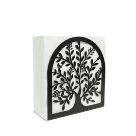 Fobule napkin holder with tree of life pattern adds elegant table decor.