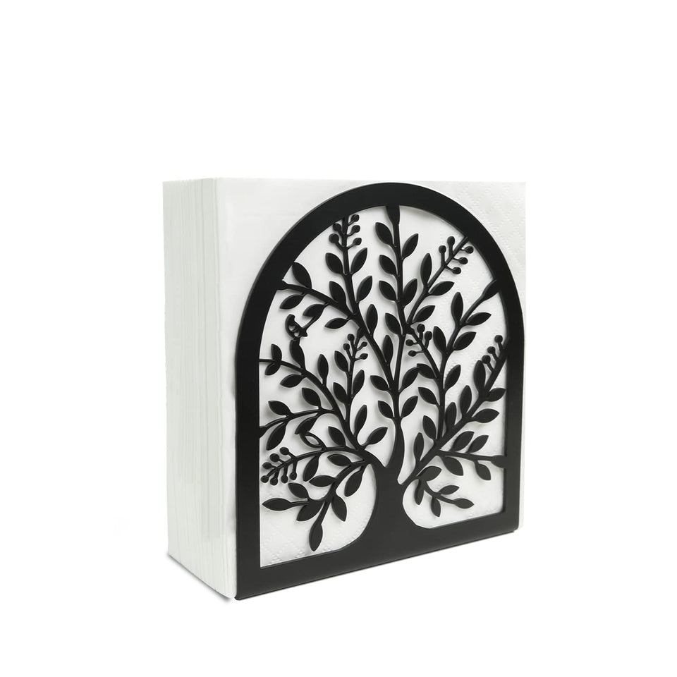 Fobule napkin holder with tree of life pattern adds elegant table decor.