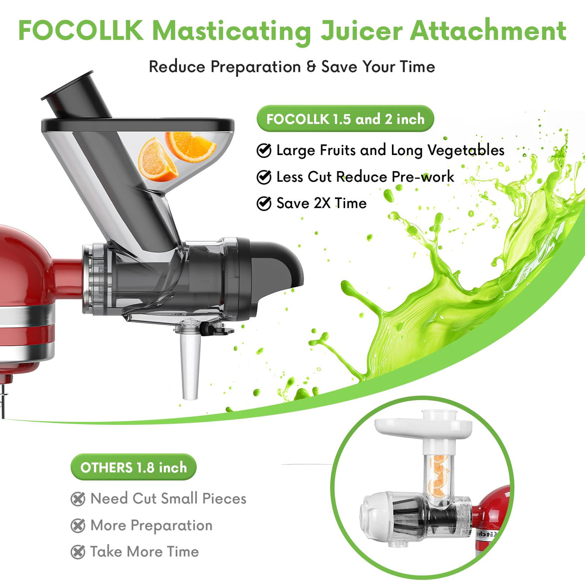 FOCOllK slow juicing modes enable gentle extraction across produce varieties.