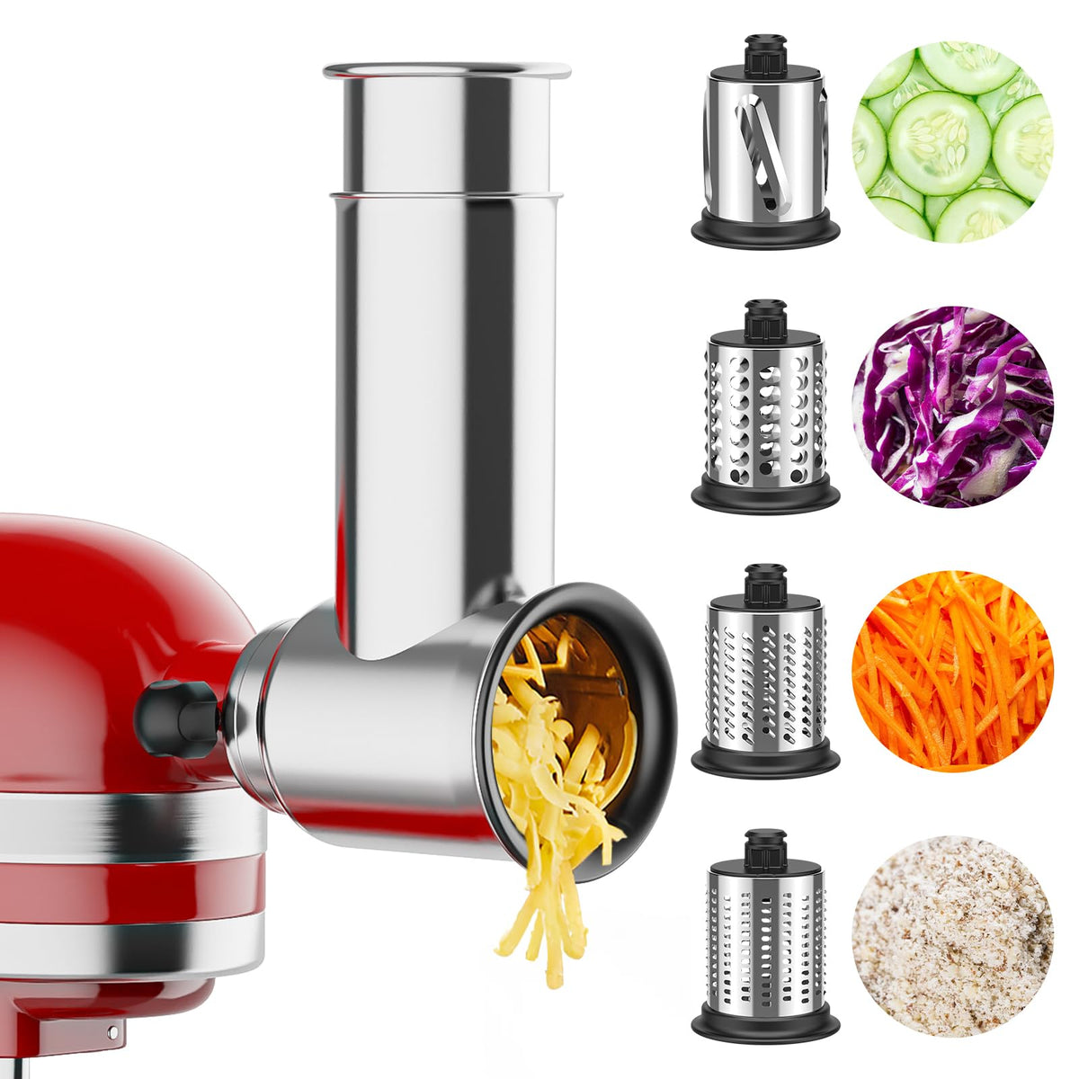 FOCOllK stainless steel slicer attachment mounted on a KitchenAid mixer for versatile prep