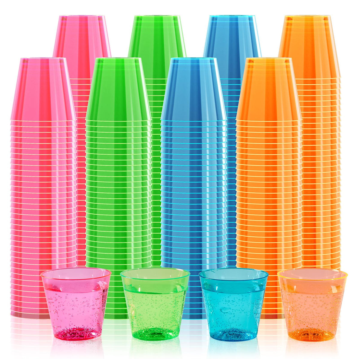 FOCUSLINE 300Pack neon-edged 1oz shot glasses glow under blacklight for vibrant parties.