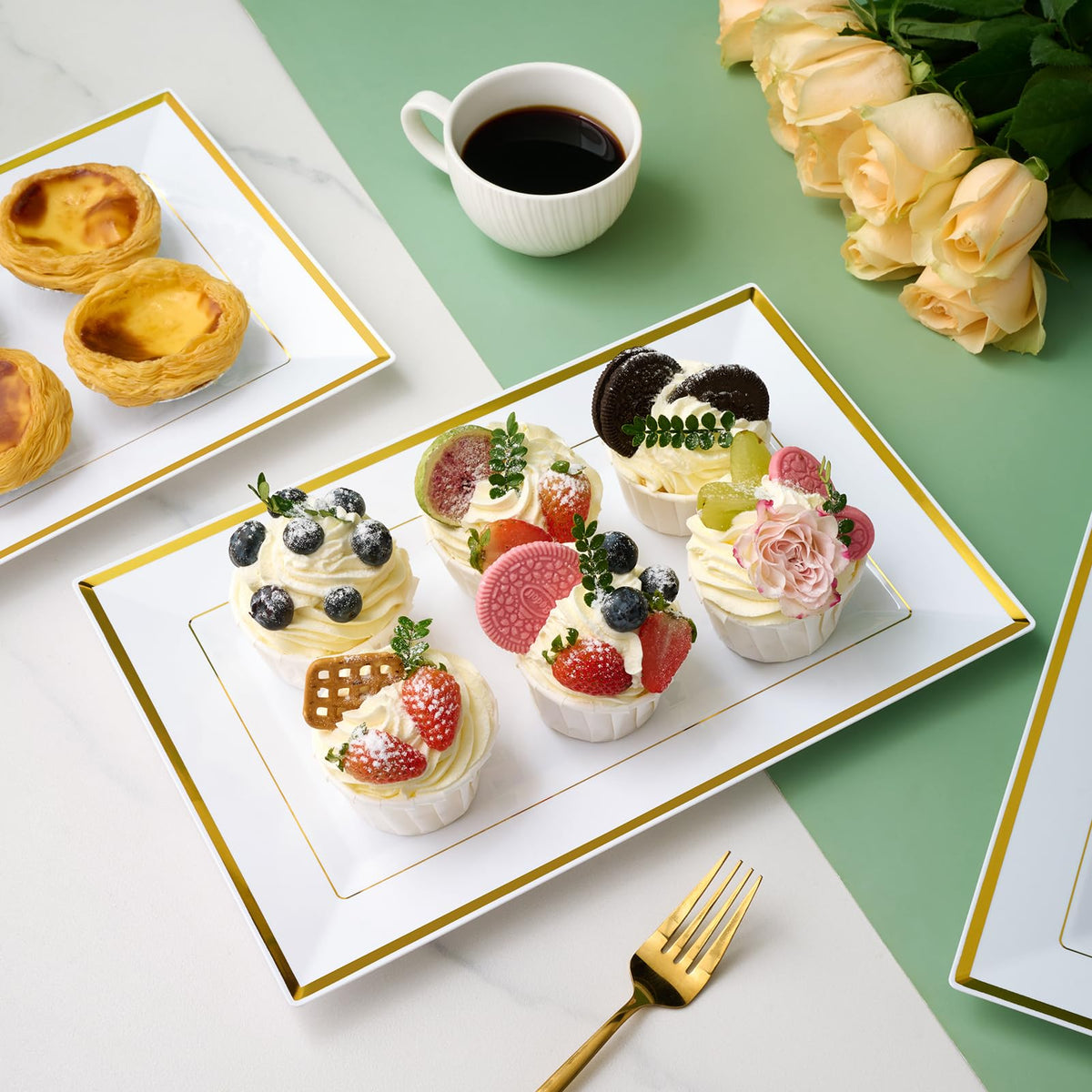 FOCUSLINE white trays with gold borders, perfect for wedding dessert displays.