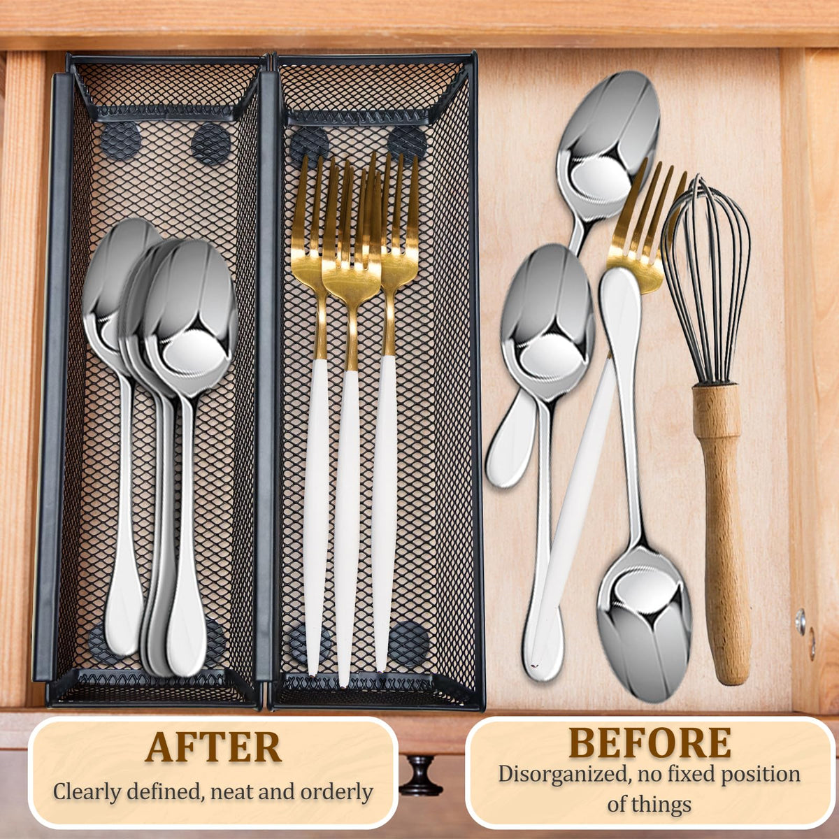 Fodofodo utensil mesh drawer divider keeps cutlery sorted and accessible.