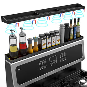 Foeacry magnetic stove top shelf front view with three compartments for spices and oils