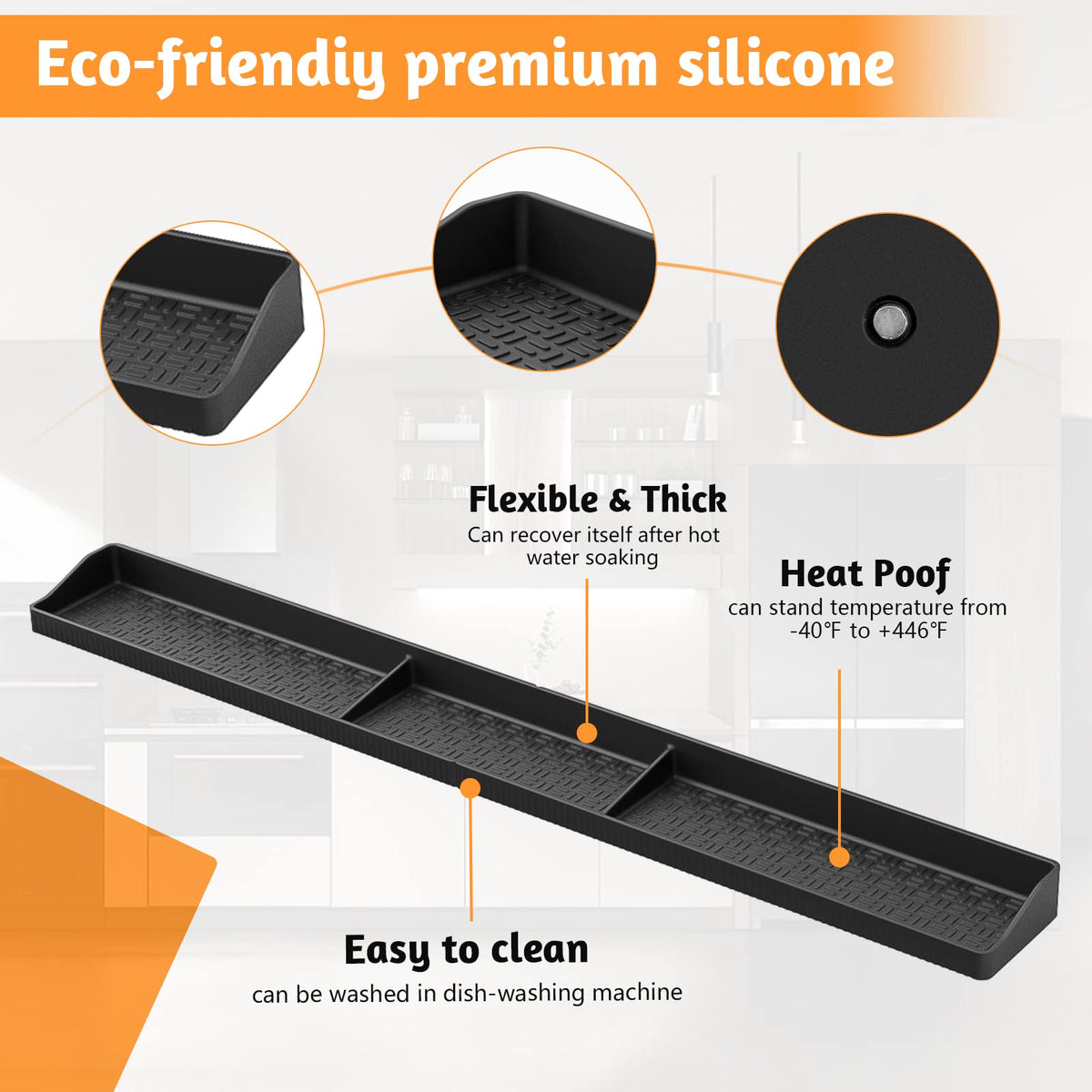 Foeacry raised edges prevent spills on stove top shelf