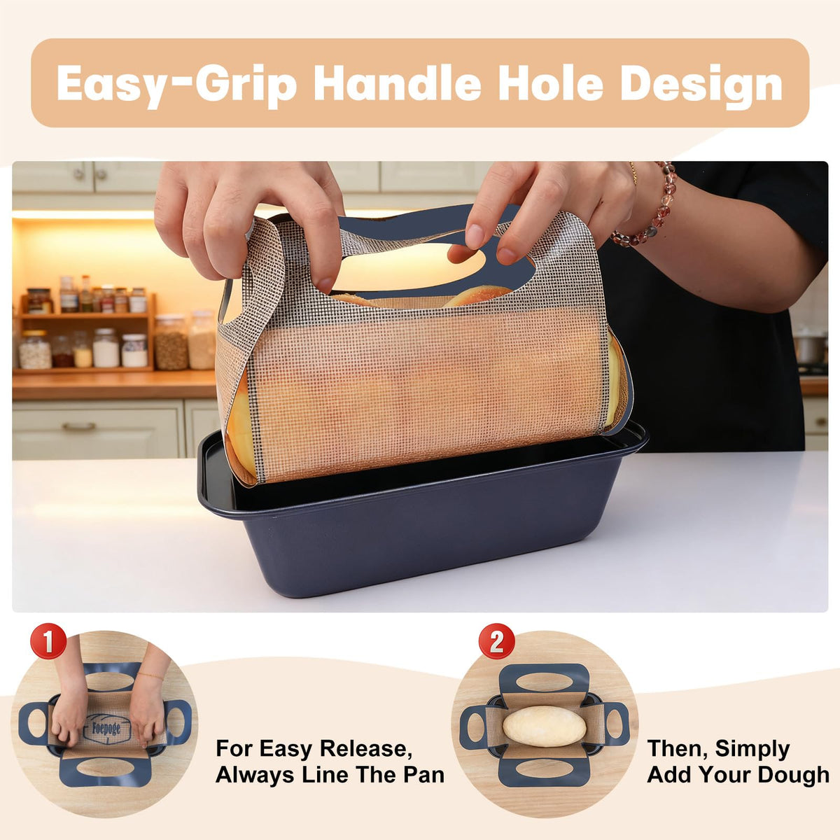 Foepoge loaf pan handle-hole design makes lifting a loaf effortless.