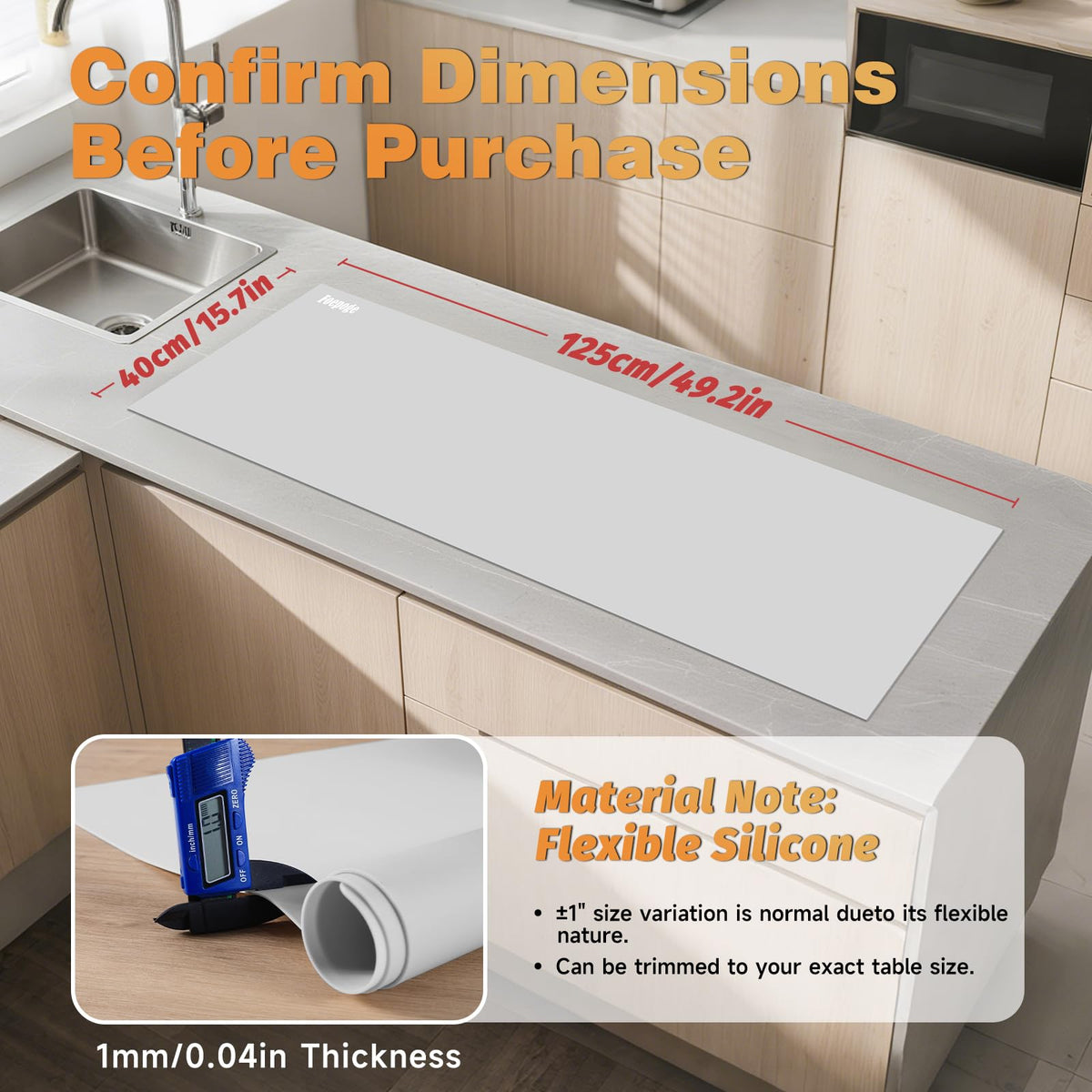Foepoge cut-to-fit placemat demonstrates customizable sizing for any table.