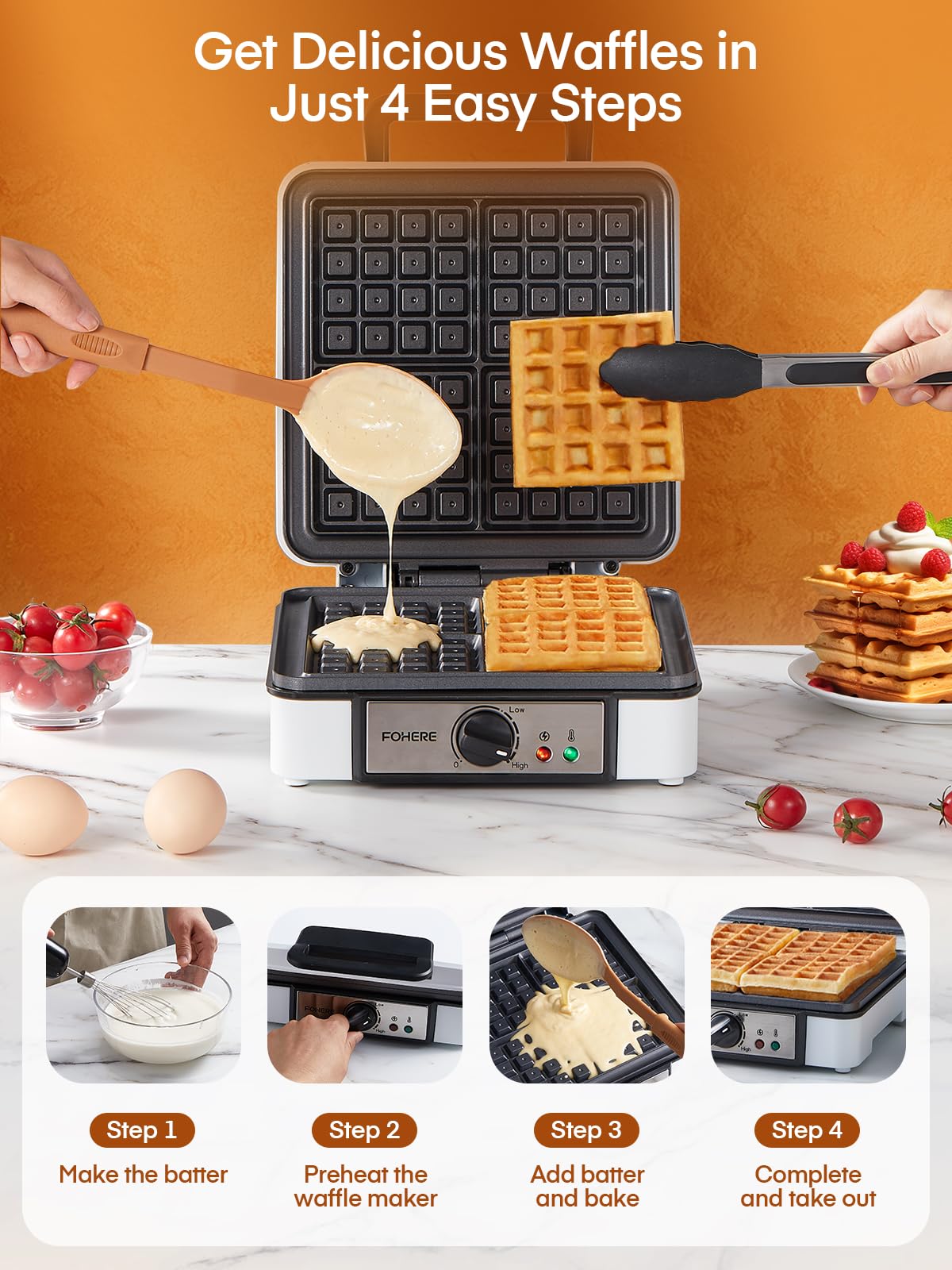 FOHERE waffle maker indicator lights show power and ready status