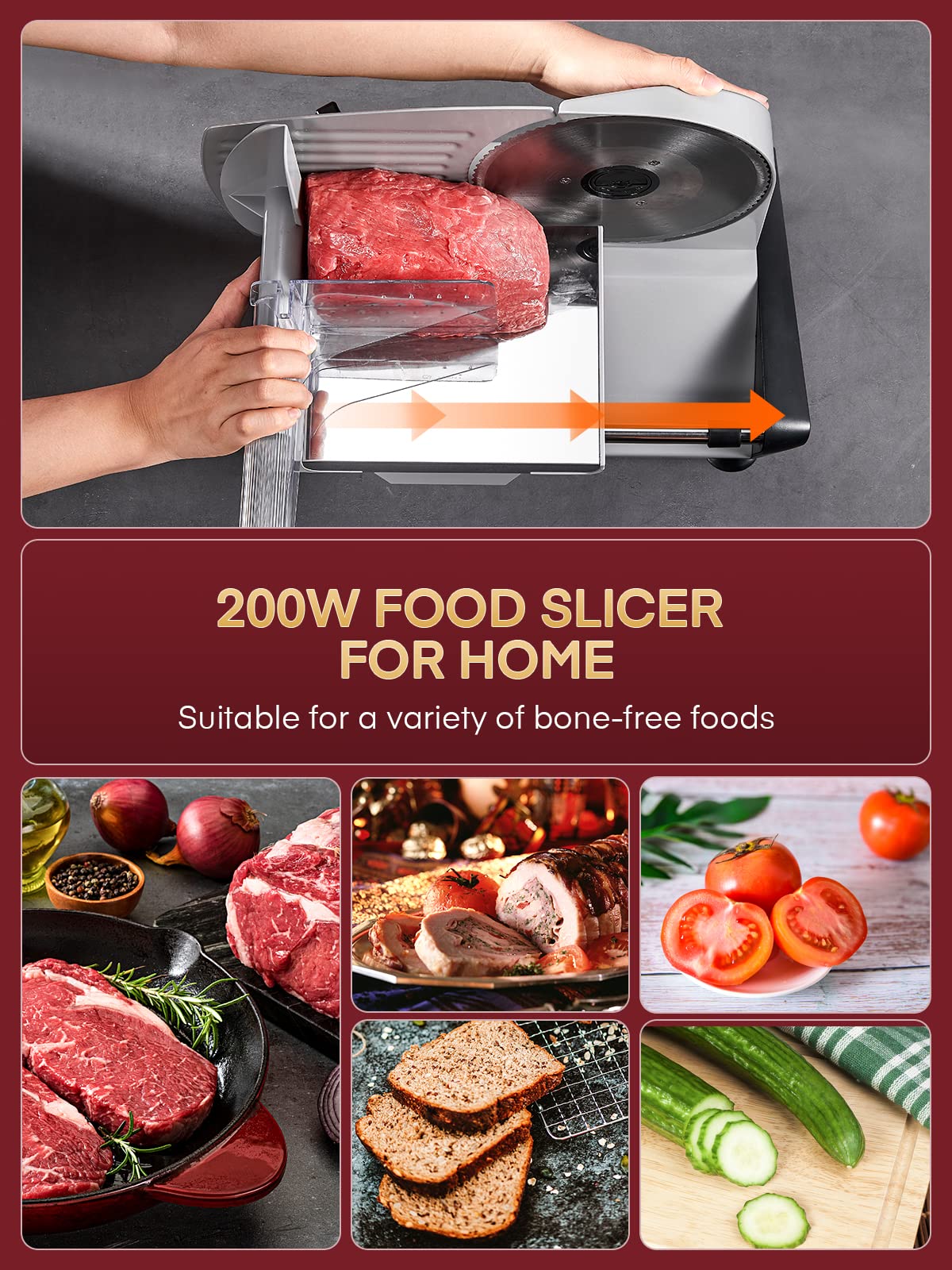 FOHERE dual blades demonstrate serrated and smooth versatility for various foods.