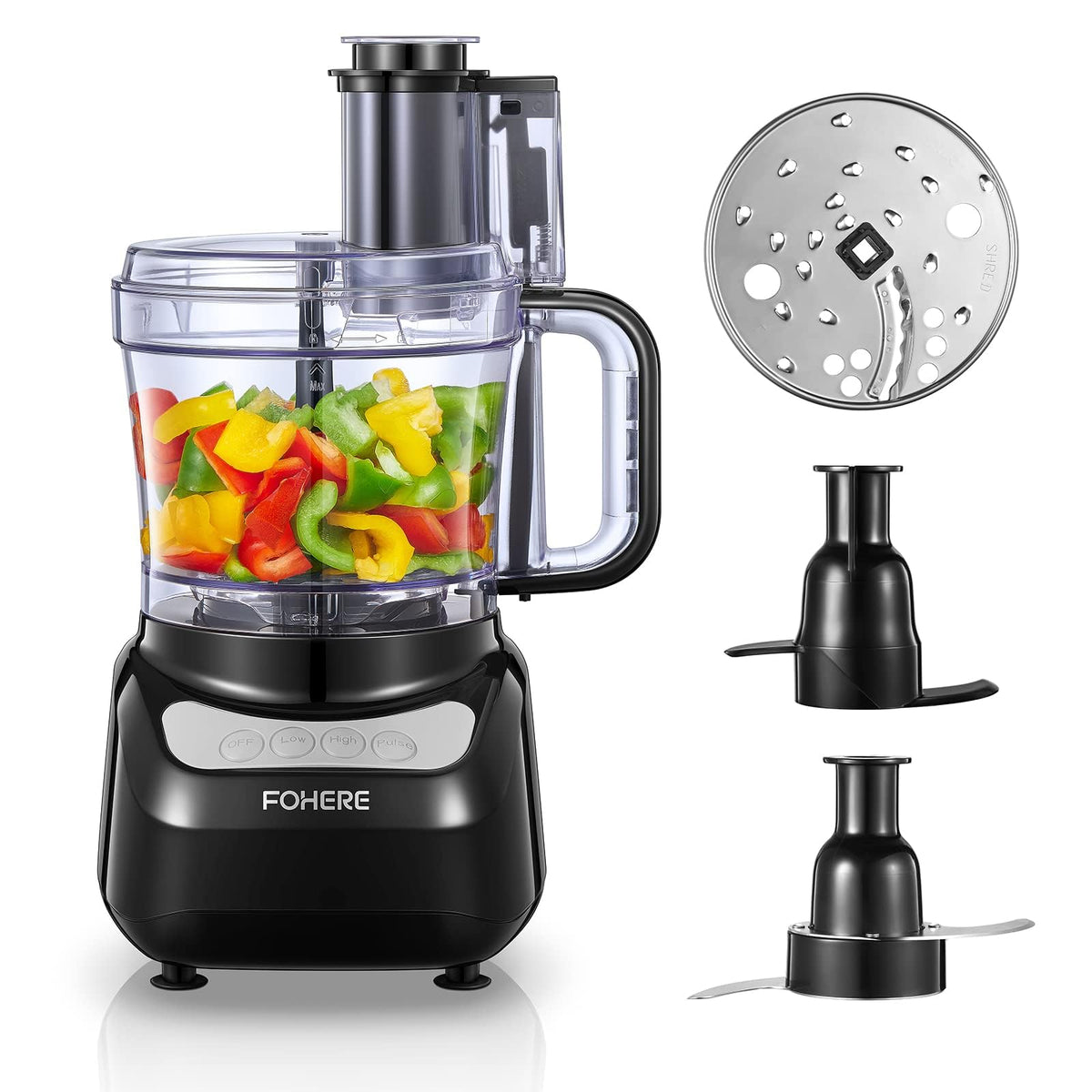 FOHERE 12-cup food processor with wide bowl for large batches and easy prep