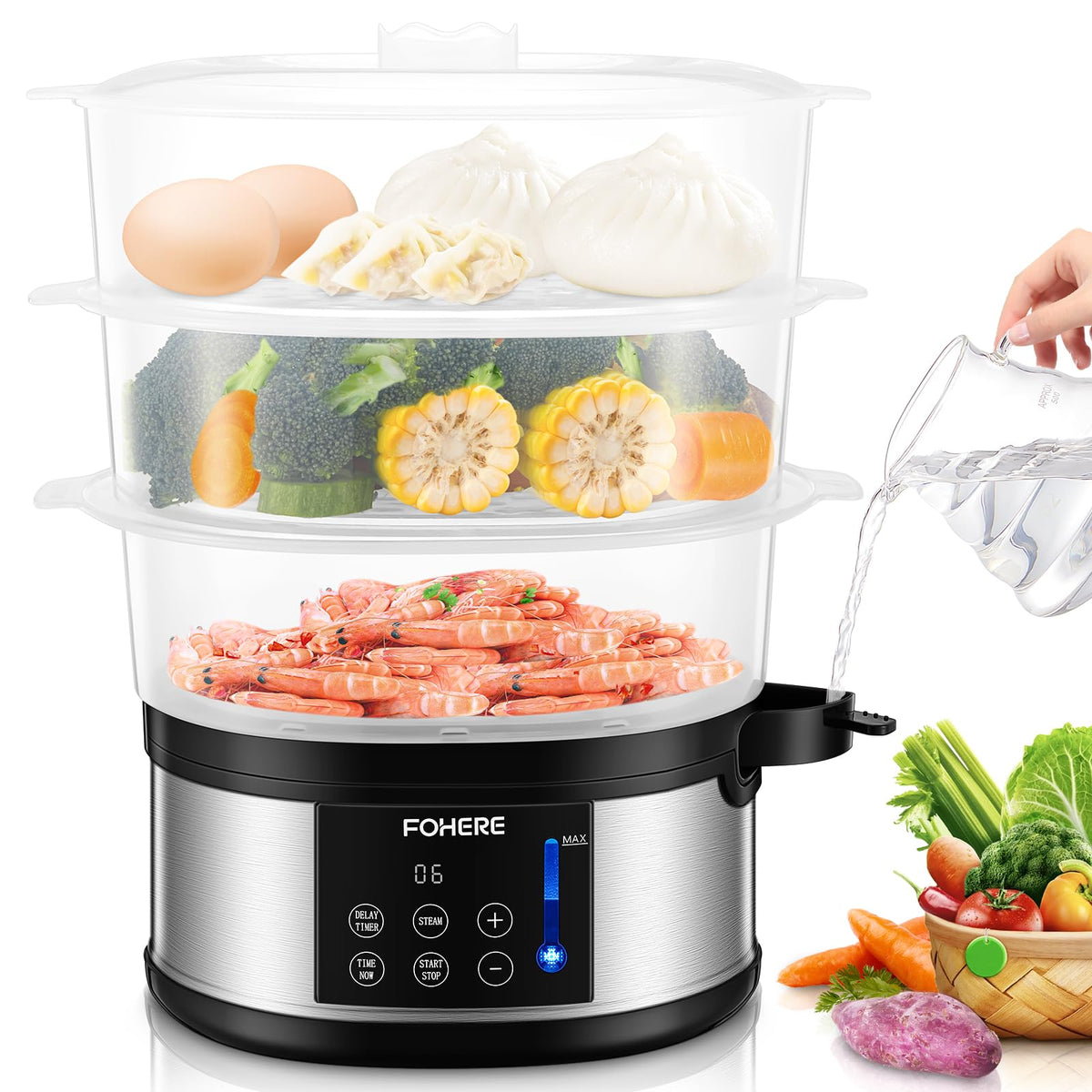 FOHERE food steamer top view shows multi tier design for quick meals