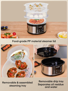 FOHERE rice and vegetables steaming in separate tiers for balanced results